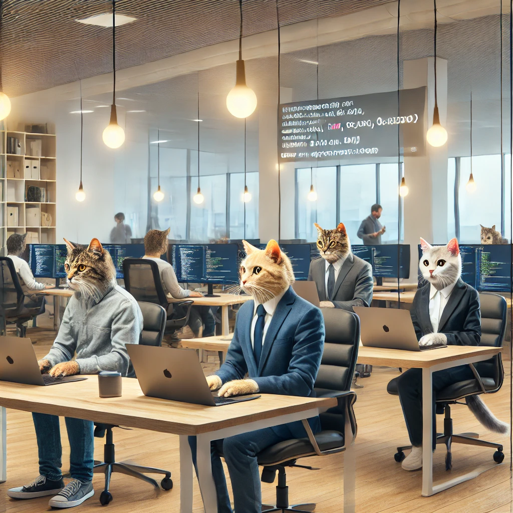 A clowder of cats in business attire working at computers